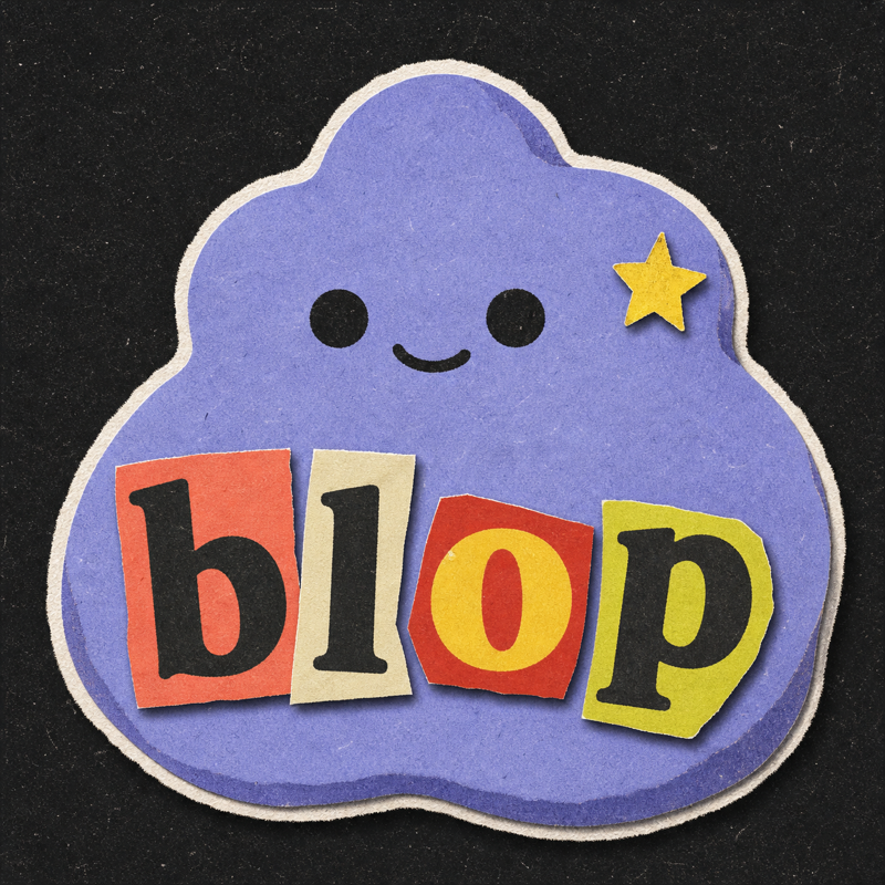 A friendly purple Blop character holding the colorful Blop name